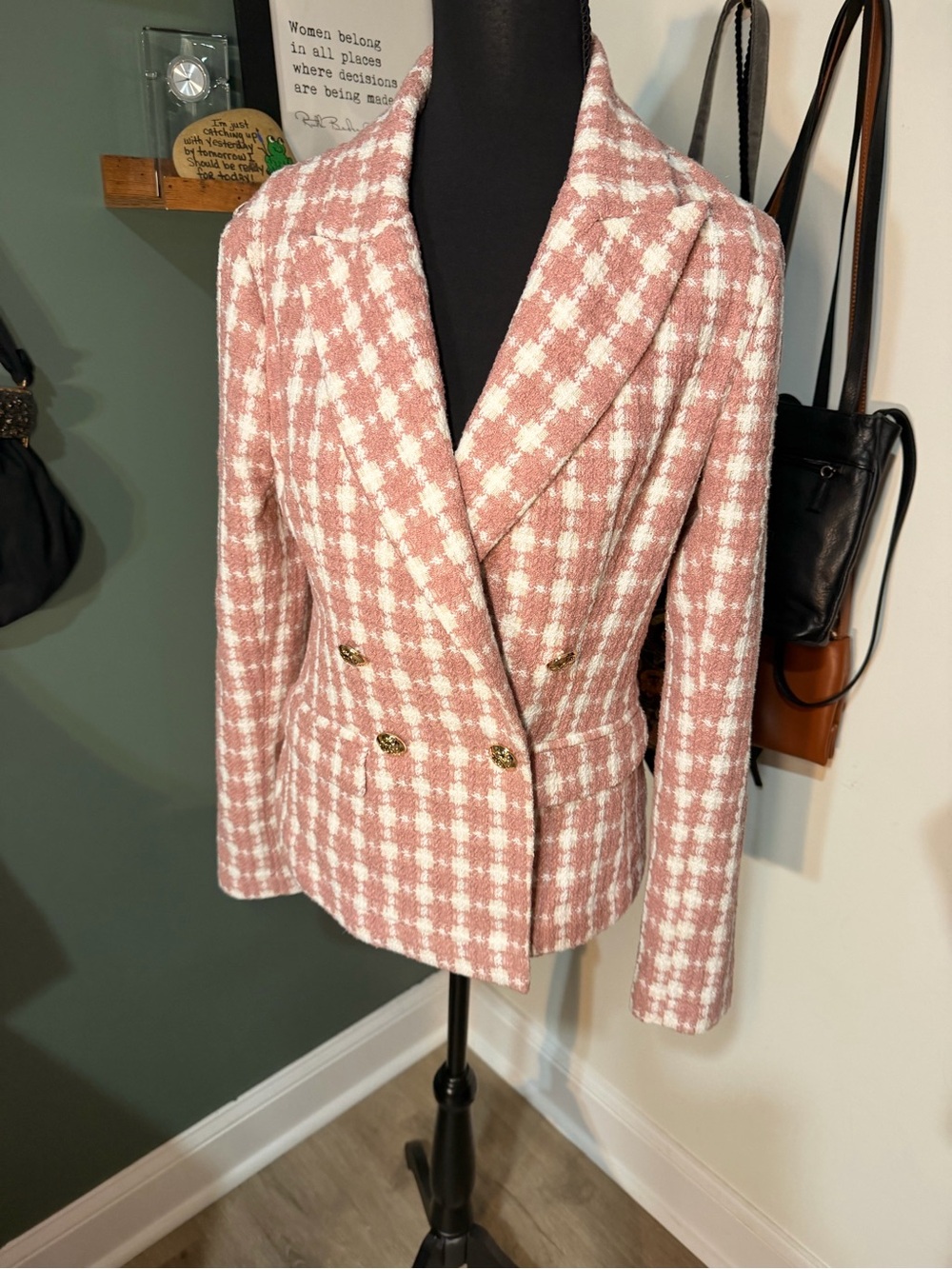 Lulus Posh Personality Mauve Pink Tweed Double Breasted Blazer S